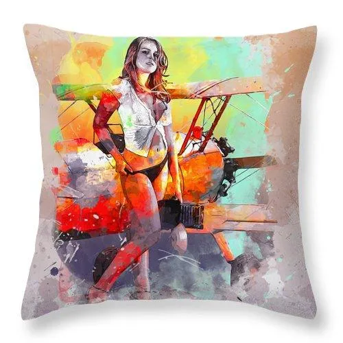 Biplane Girl - Throw Pillow