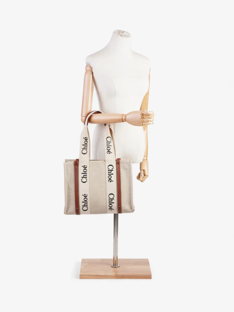 Chloe Woody Tote Beige / Brown / Black Linen Medium