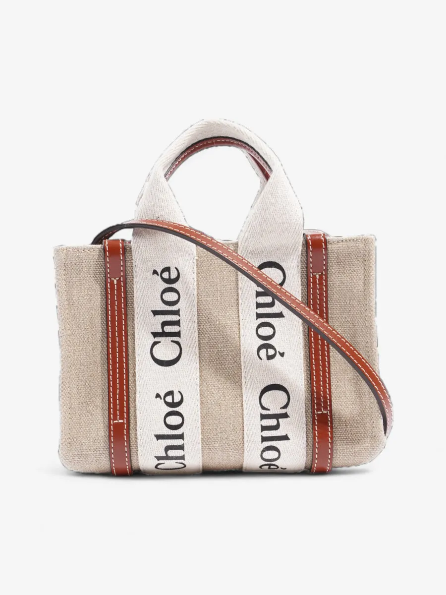 Chloe Woody Tote Beige / Brown / White Linen Mini