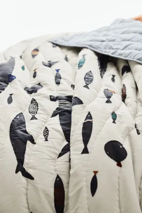 Crate&Barrel Shark School Embroidered Cotton Kids Twin Quilt