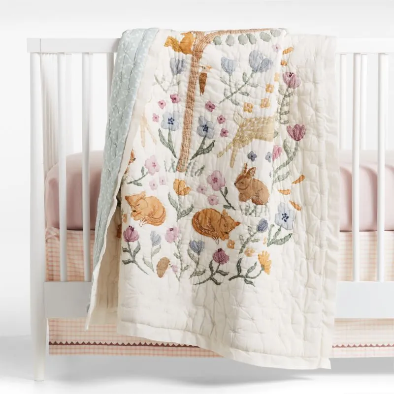 Crate&Barrel Wonderland Prairie Embroidered Organic Cotton Voile Baby Crib Quilt