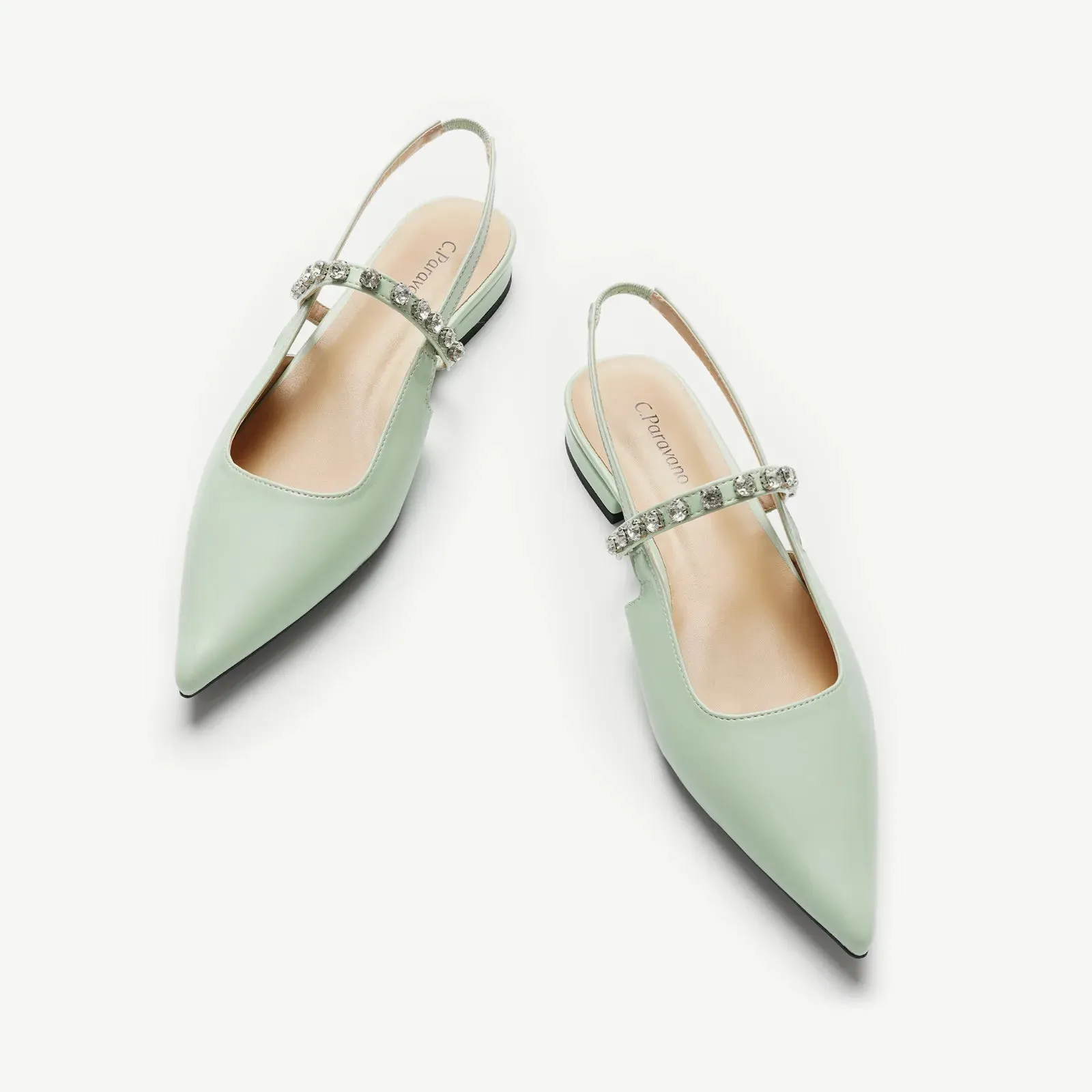 Crystal Strap Slingback Flats (Aida) Light Green