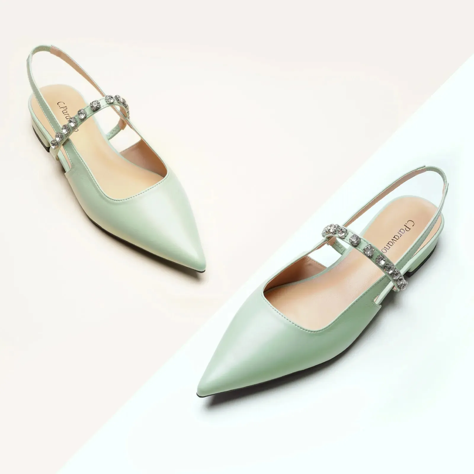 Crystal Strap Slingback Flats (Aida) Light Green