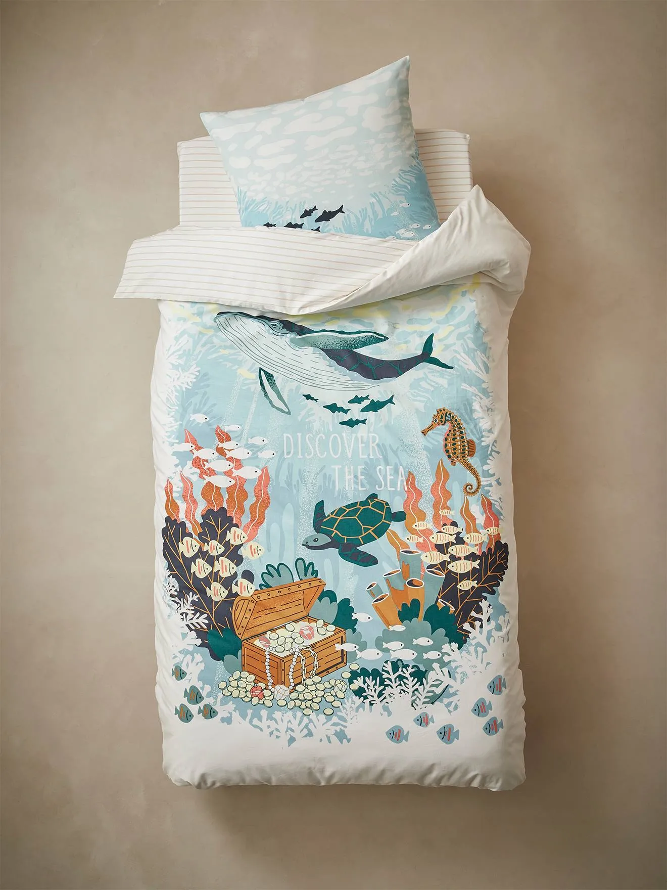 Duvet Cover + Pillowcase Set for Children, Deep Ocean - blue medium solid with design