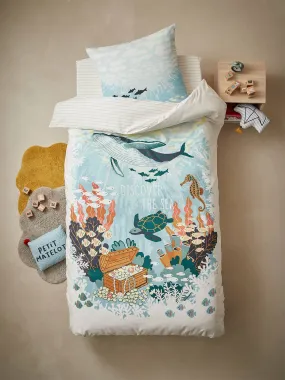 Duvet Cover + Pillowcase Set for Children, Deep Ocean - blue medium solid with design