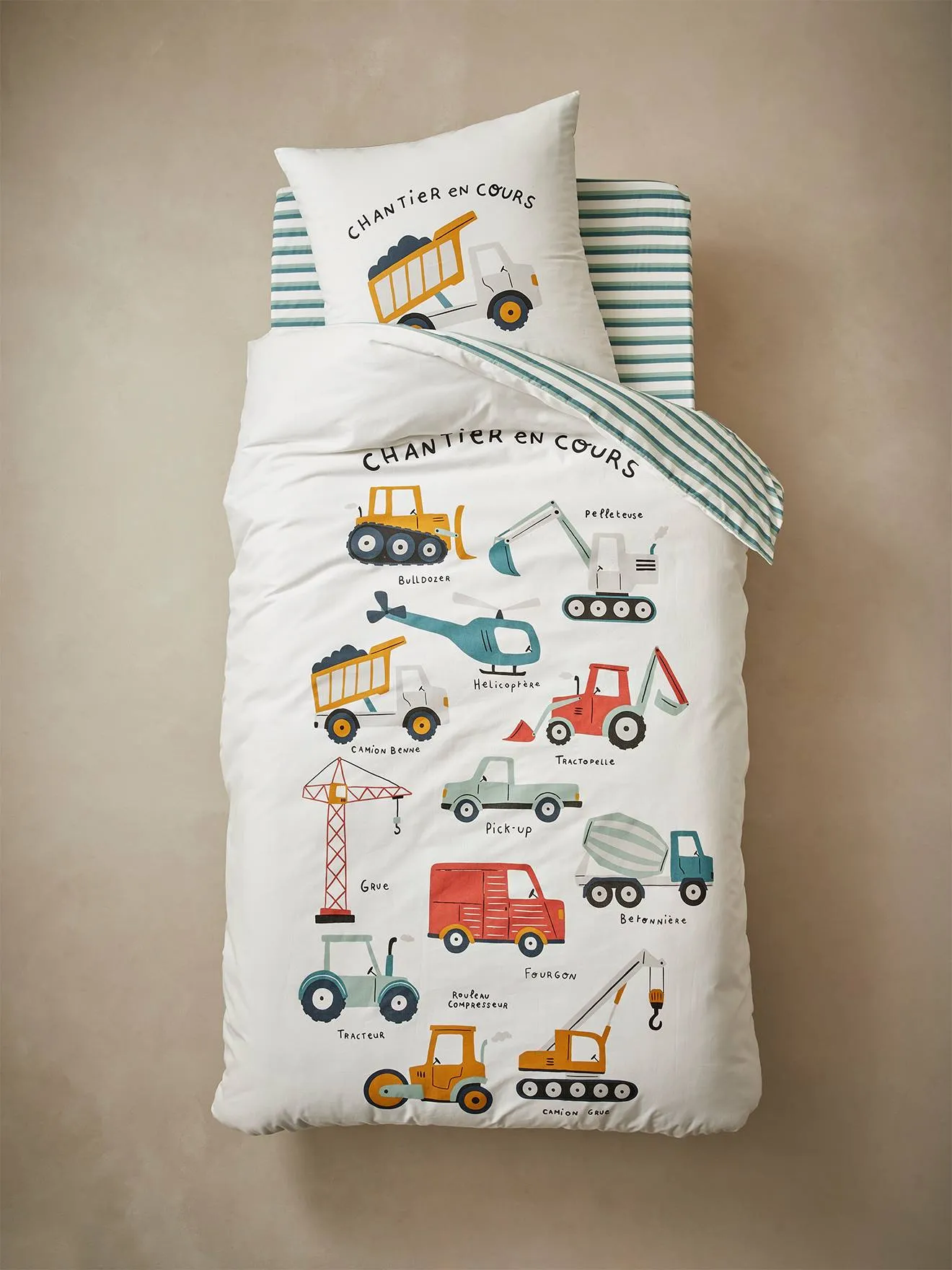 Duvet Cover & Pillowcase Set for Children, Work in Progress - white light solid with design