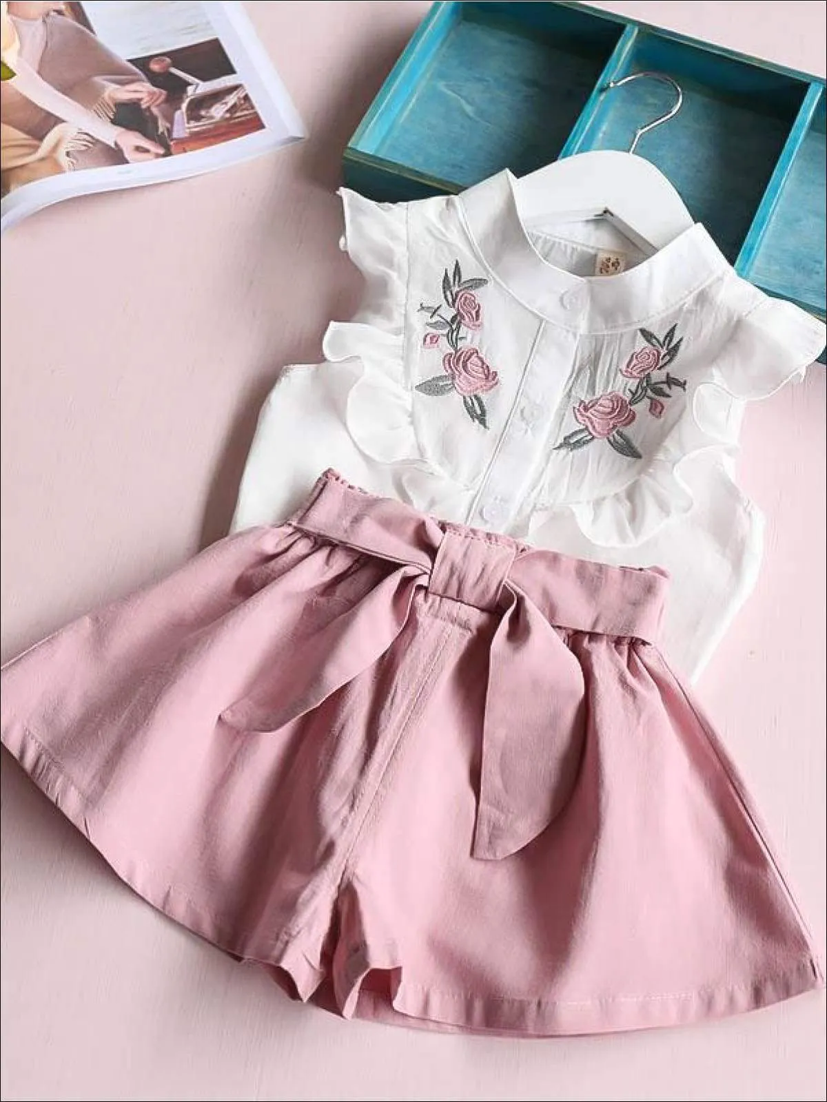 Girls Short Sleeve Floral Embroidered Top And Bow Tie Short Set