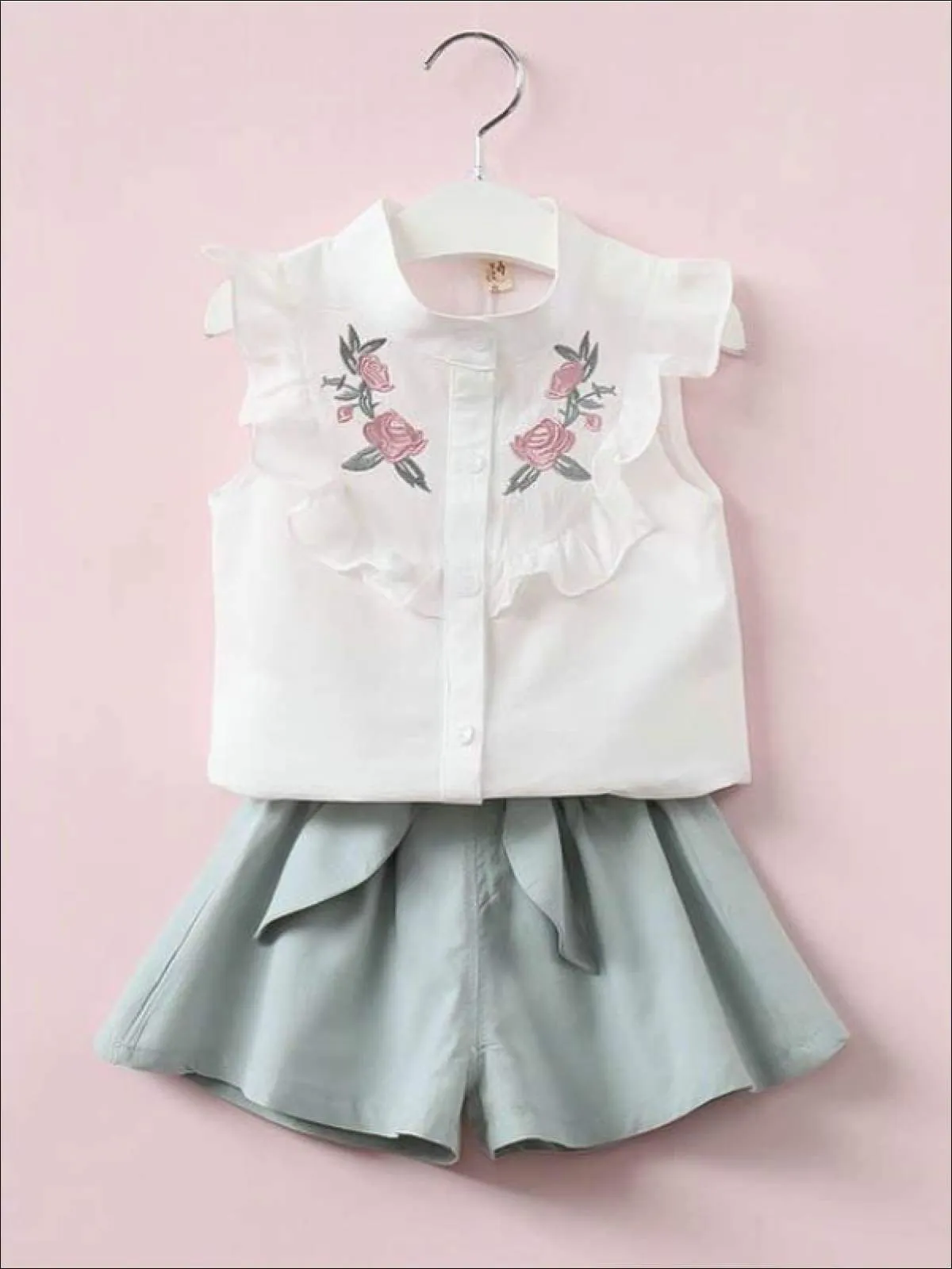 Girls Short Sleeve Floral Embroidered Top And Bow Tie Short Set