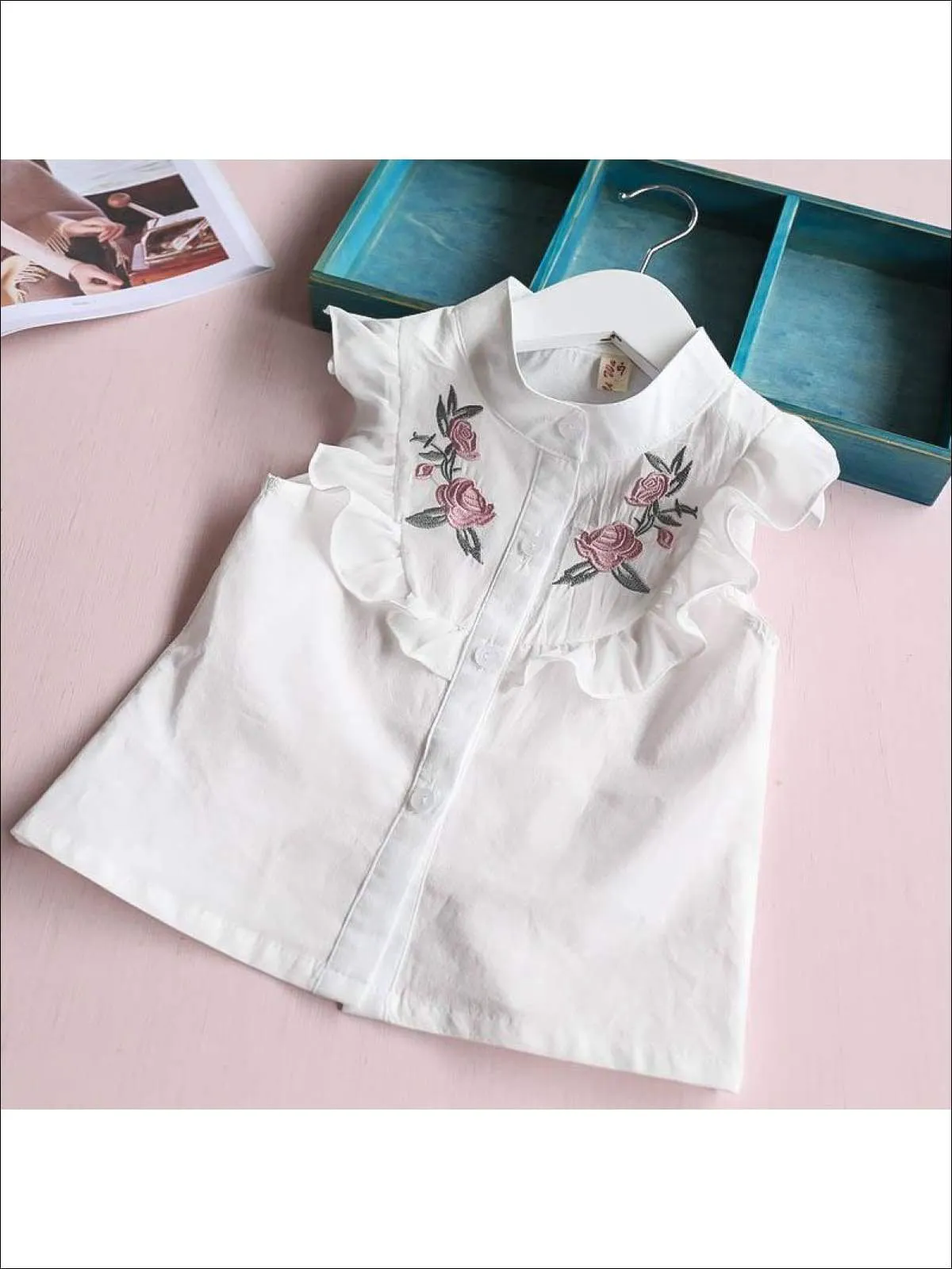 Girls Short Sleeve Floral Embroidered Top And Bow Tie Short Set