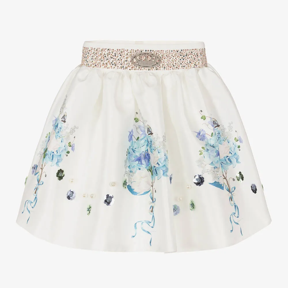 Girls White Satin Floral Skirt