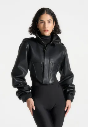 Leather Tacked Sleeve Corset Jacket - Black