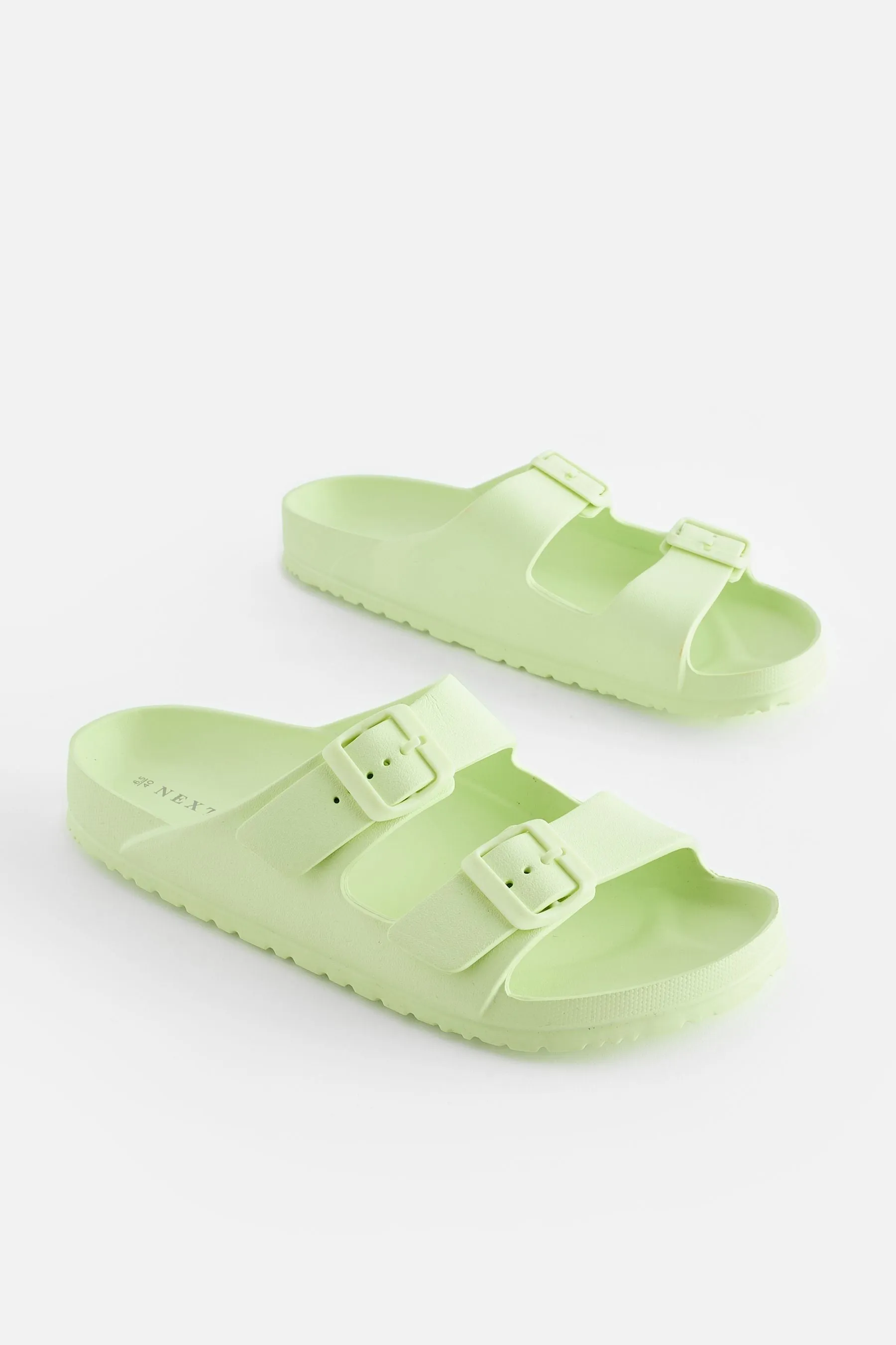 Lime Green EVA Double Strap Flat Slider Sandals With Adjustable Buckles