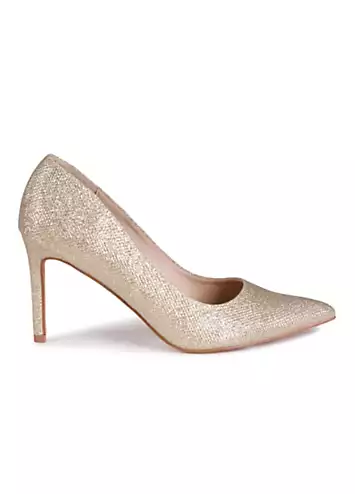 Overjoyed Gold Glitter Fabric Court Heeled Sandals by Linzi | Look Again