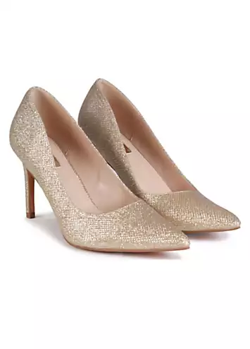 Overjoyed Gold Glitter Fabric Court Heeled Sandals by Linzi | Look Again