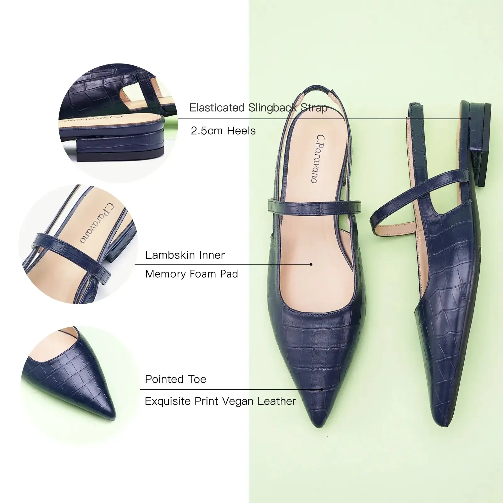 Pointed Toe Crozzling Slingback Flats (Freya)