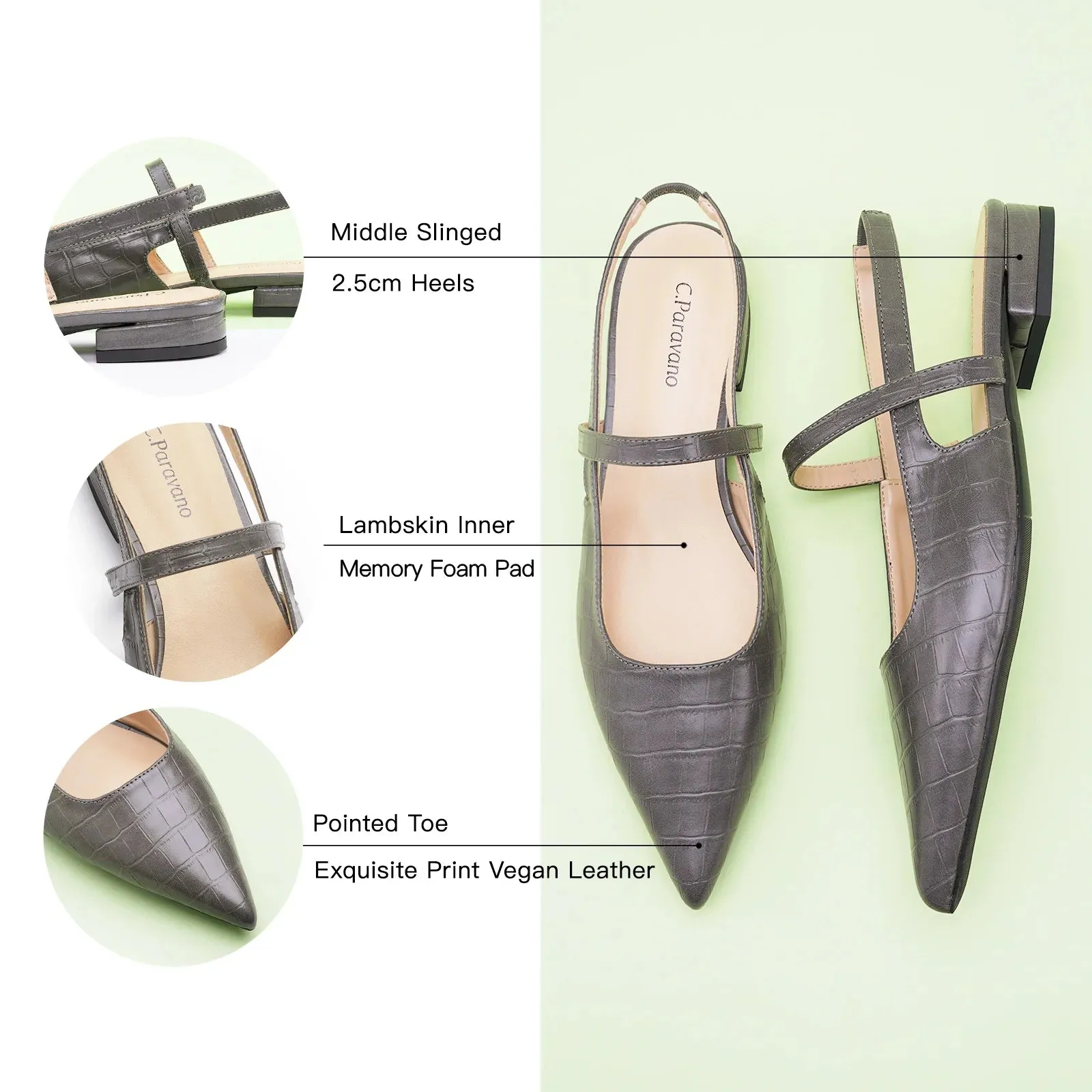 Pointed Toe Crozzling Slingback Flats (Freya)