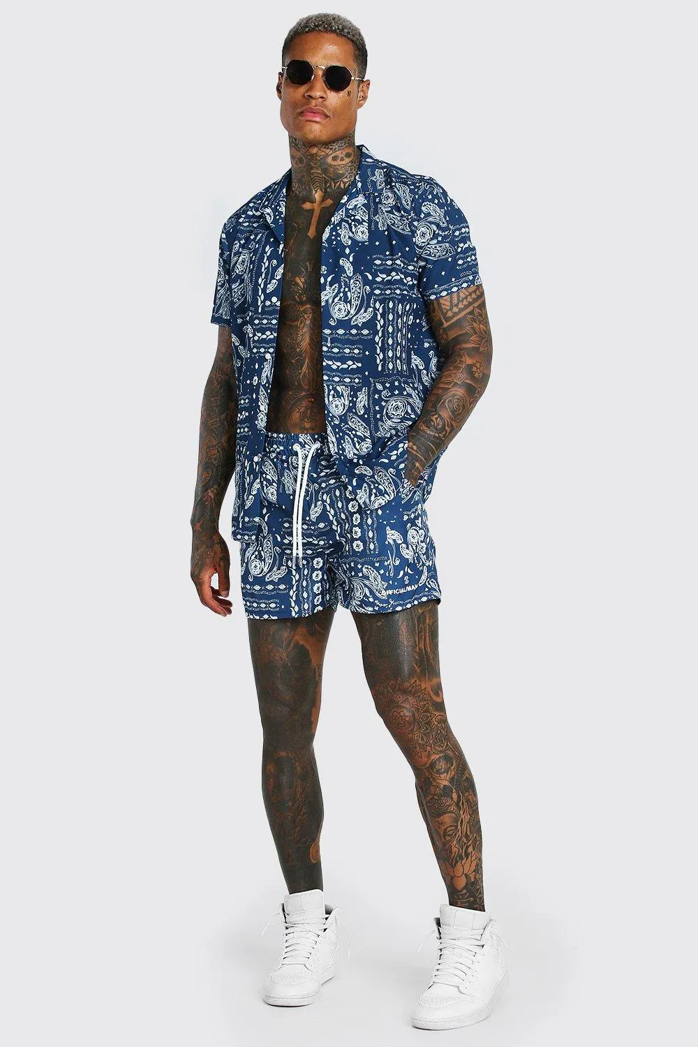 Short Sleeve Bandana Print Shirt & Swim Short Set | boohooMAN UK