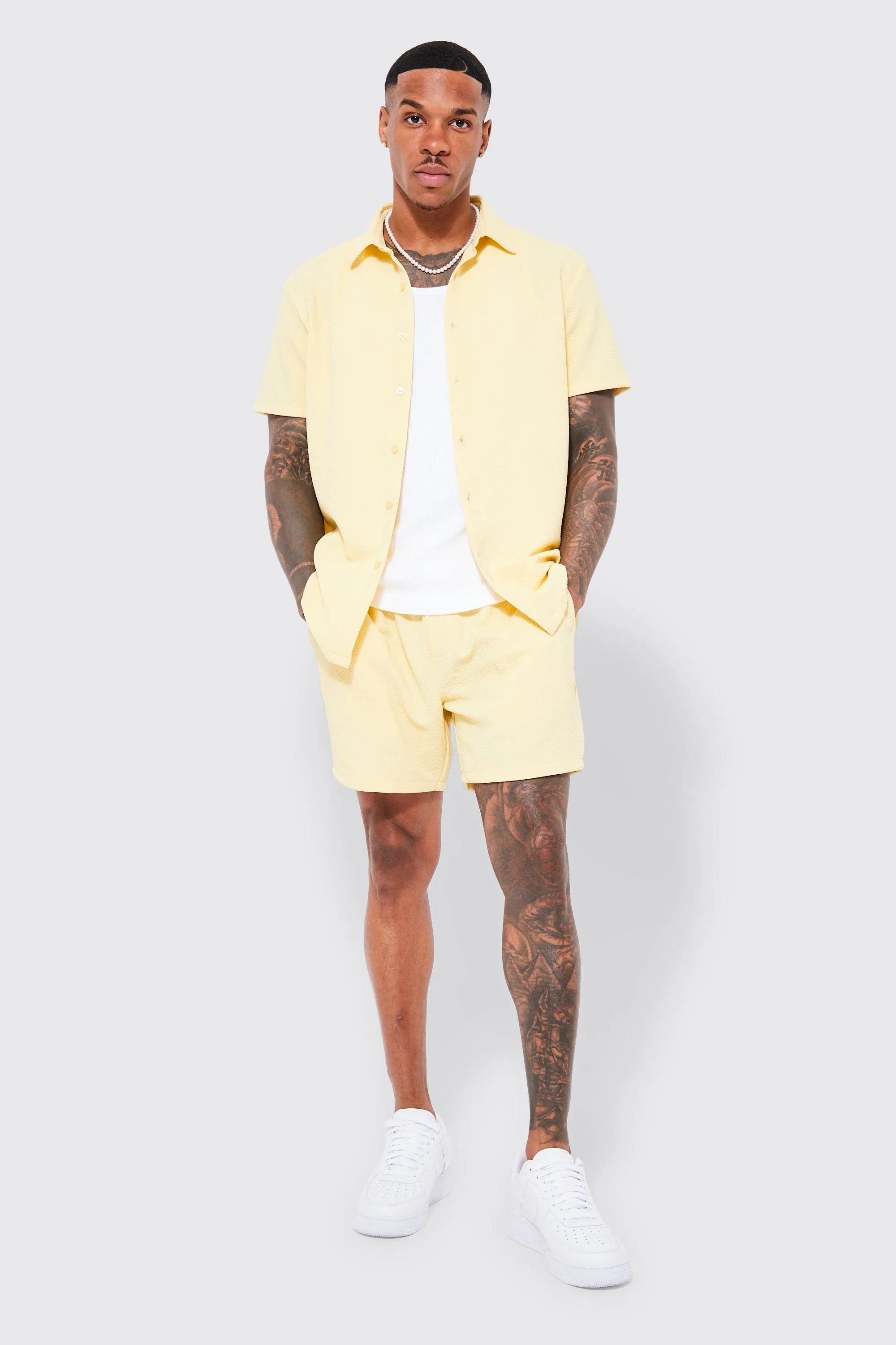 Short Sleeve Jersey Textured Shirt And Short Set | boohooMAN UK