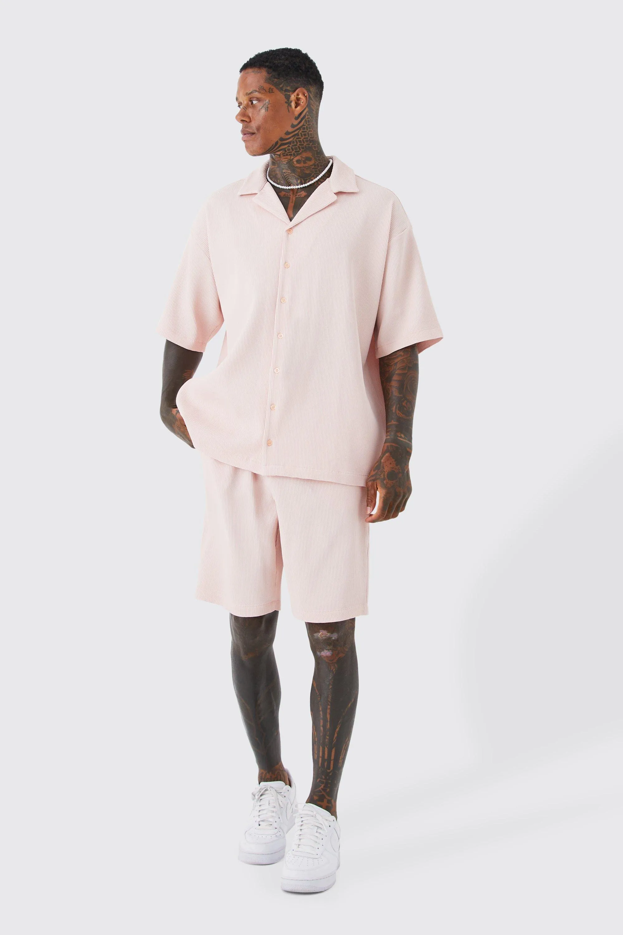 Short Sleeve Oversized Pleated Shirt & Short Set | boohooMAN UK