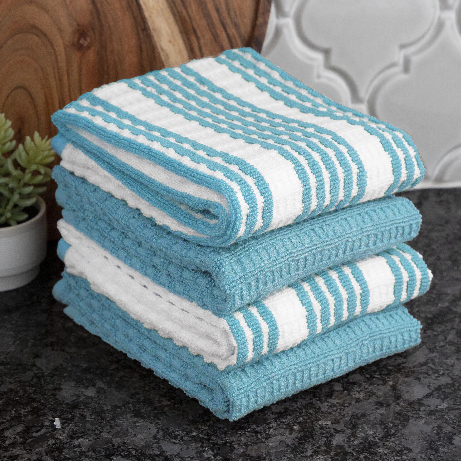 Solid & Stripe Waffle Terry Kitchen Towels, Set Of 4 Towel