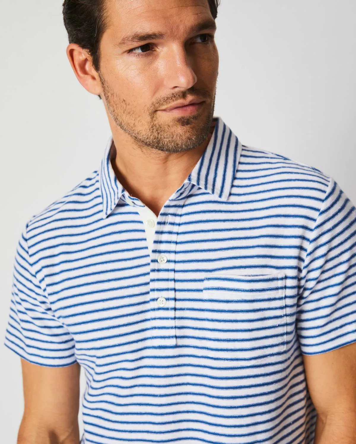 Stripe Hemp Cotton Polo - Dark Blue