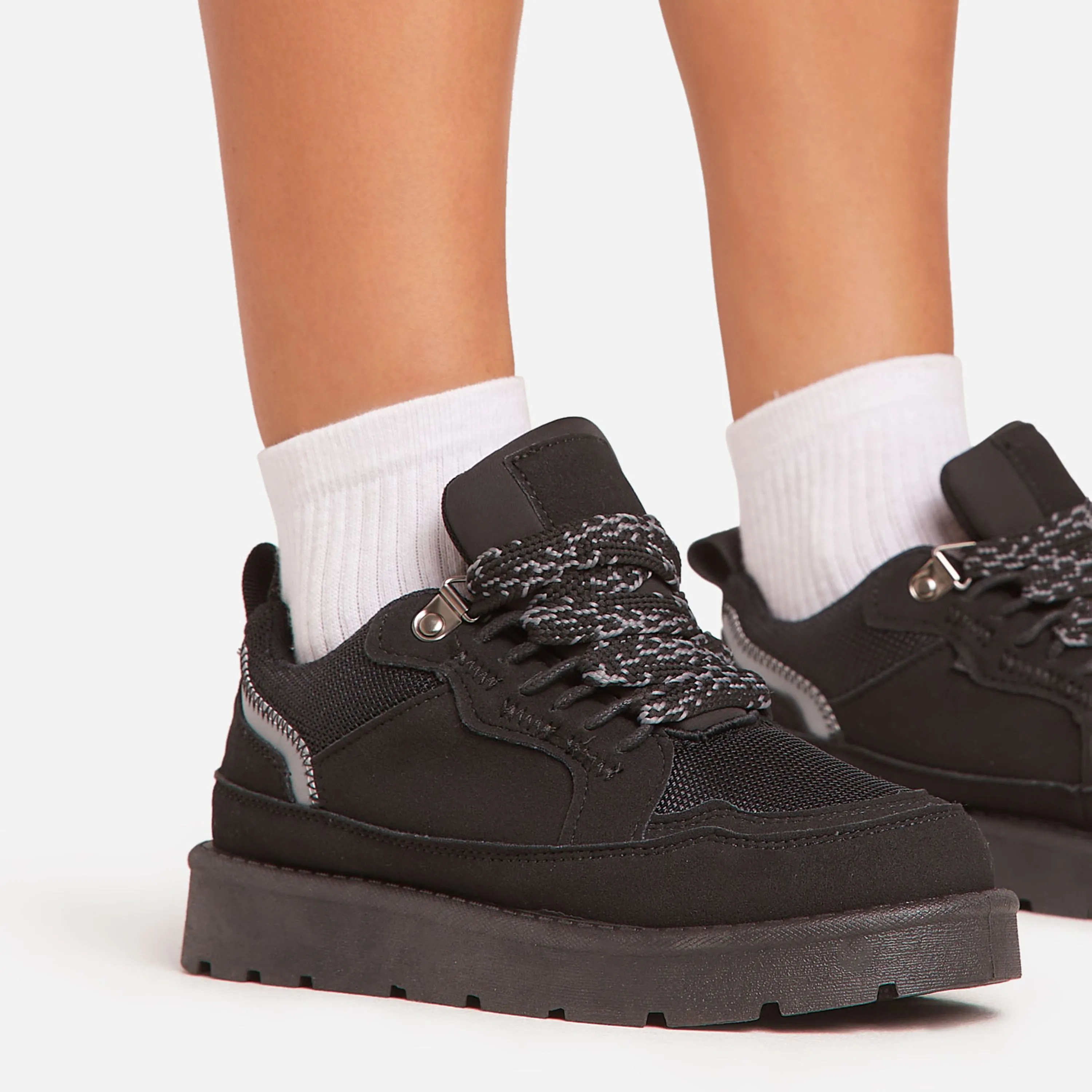 Tulay Lace Up Chunky Trainers In Black Faux Suede