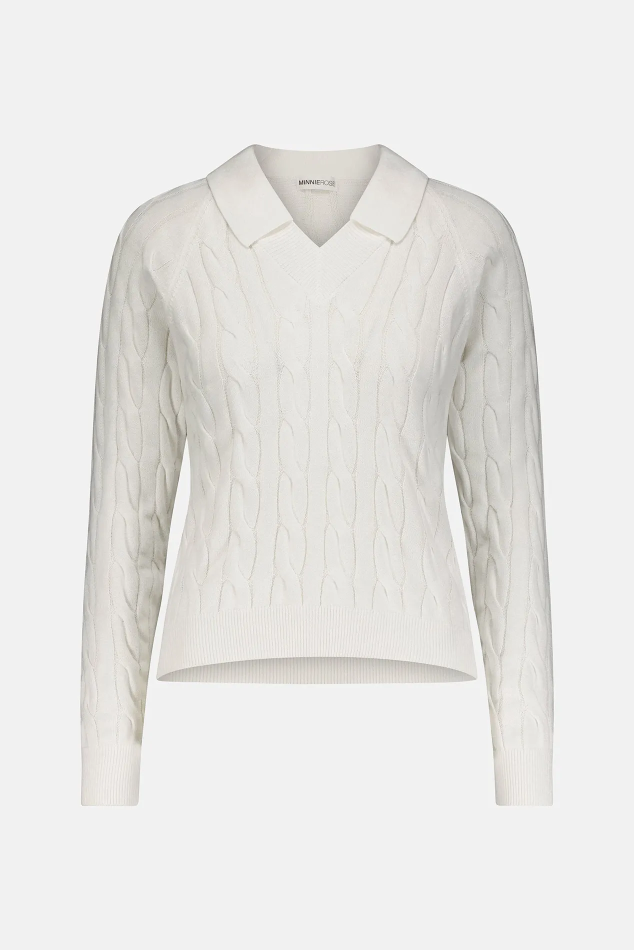 V Neck Cable Collared Pullover White