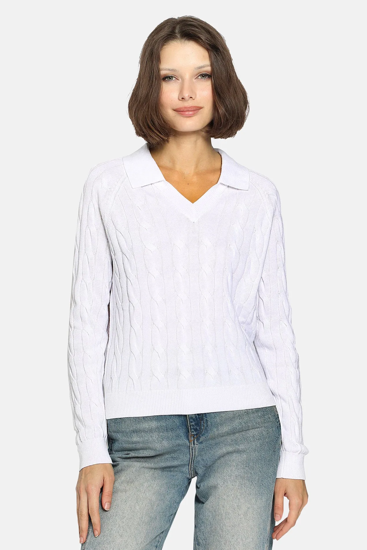 V Neck Cable Collared Pullover White