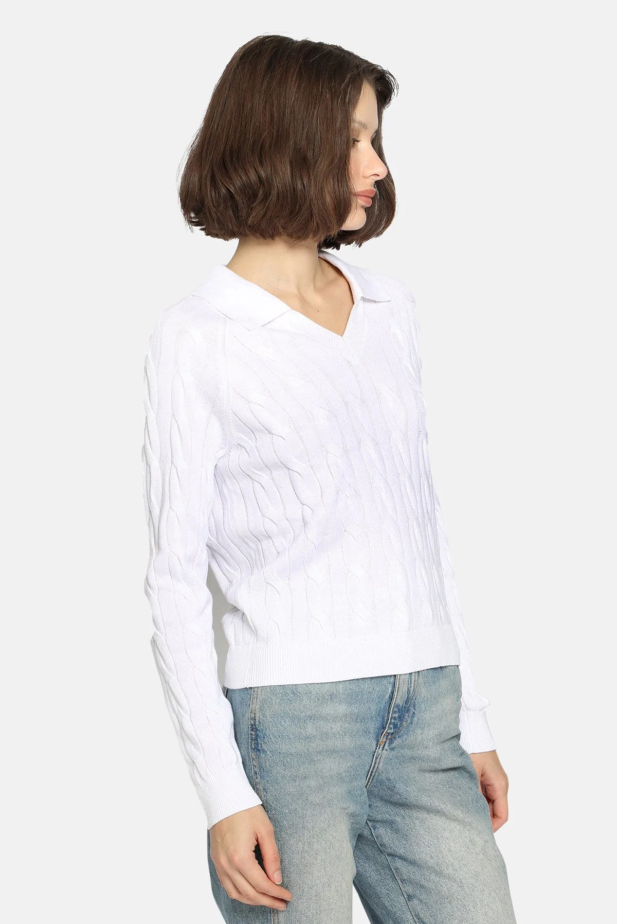 V Neck Cable Collared Pullover White