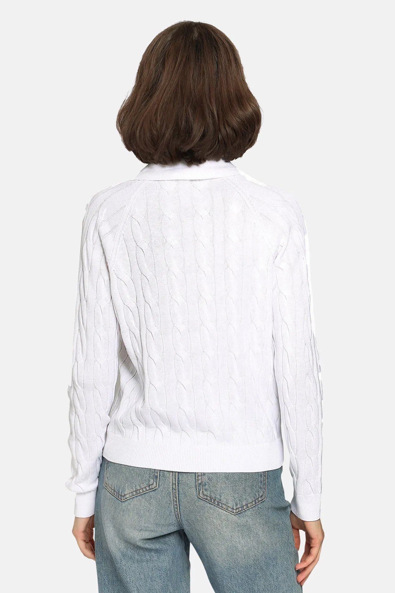 V Neck Cable Collared Pullover White