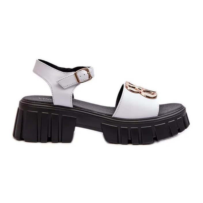 Women's Leather Sandals With Gold Decoration, White Vinceza 7910