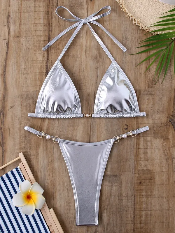 ZASUWA Female Pearl Glossy PU Bikini Set